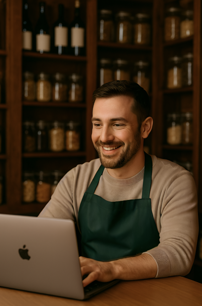 Un restaurateur concentré discutant avec son chatBot personnalisé